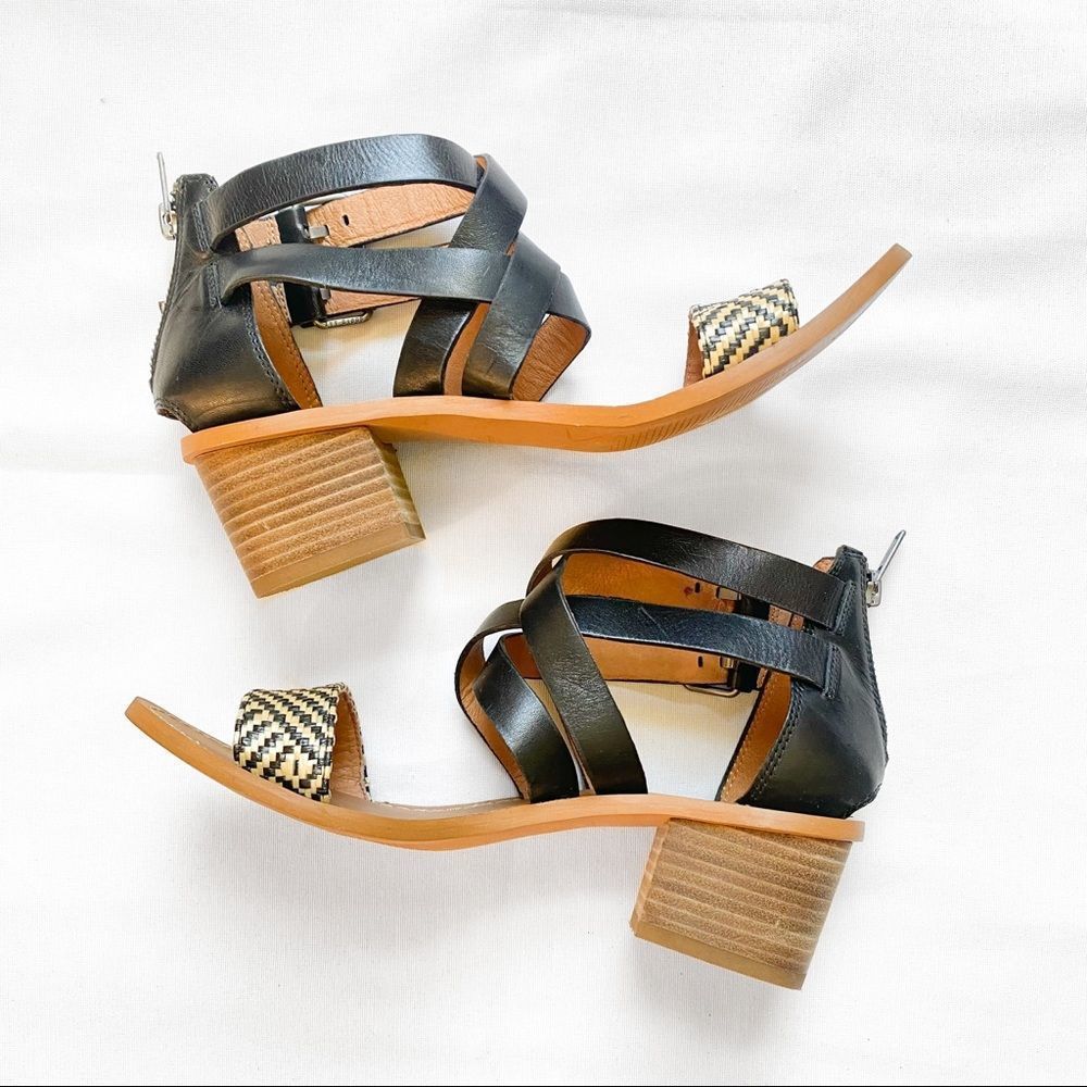 Madewell Lora Chunky Block Stacked Heel Sandasl Leather Tribal Raffia Strappy - Picture 2 of 8